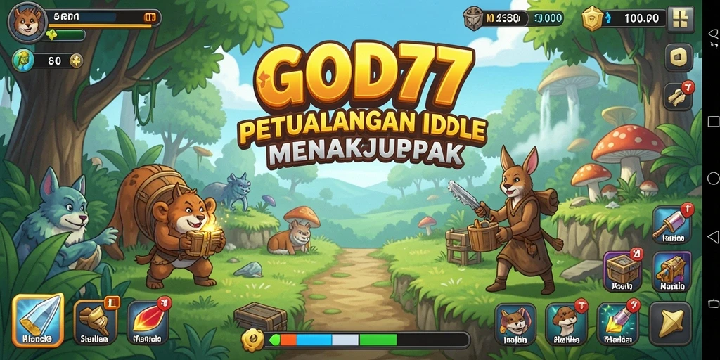 Tampilan gameplay GOD77 yang menampilkan karakter dan petualangan Idle.
