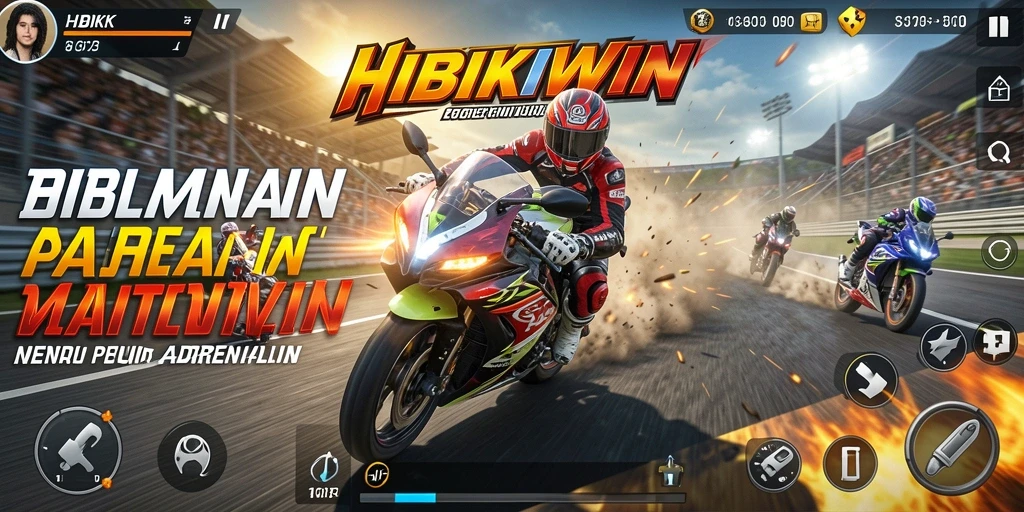 Screenshot gameplay HIBIKIWIN yang menampilkan balapan motor yang seru.