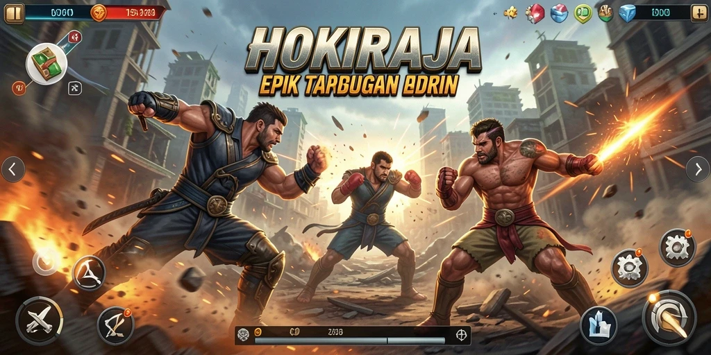 Screenshot HOKIRAJA menampilkan aksi pertarungan yang mendebarkan.