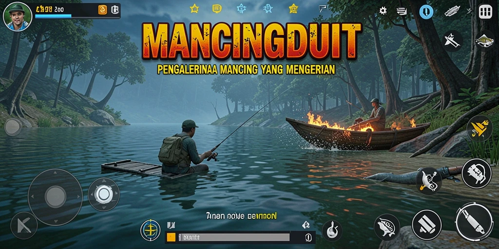 Screenshot MANCINGDUIT menampilkan ketegangan saat mancing di danau yang menyeramkan.